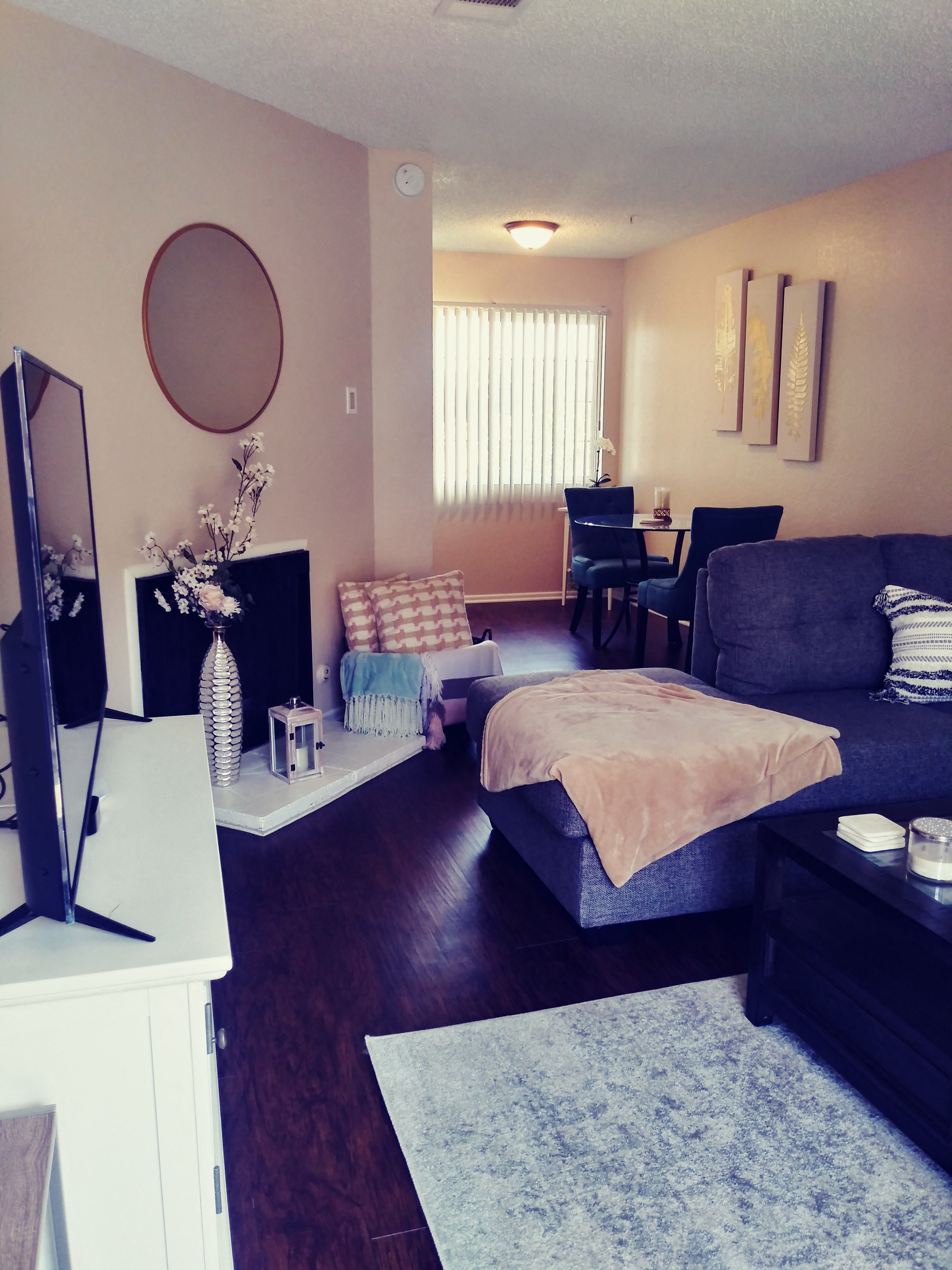 A living room with a grey couch and a television.